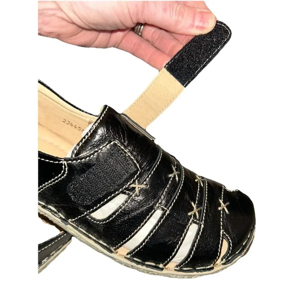 Josef Seibel Ida Black Sandals Loafers‎ Womens Sz US 6.5 EU 37 Leather Fisherman